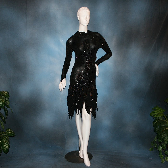 Crystal's Creations Elegant black Latin/rhythm dress was created in glitter black slinky with delicate, gorgeous, yet subtle, blue & bronze print in the glitter….embellished lavishly with Swarovski hand beaded detailing through out!