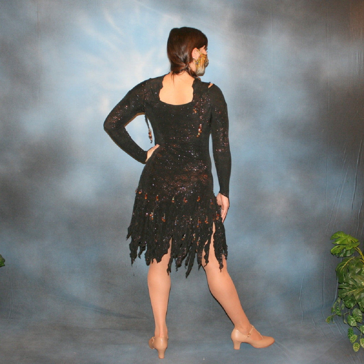 Crystal's Creations back view of Elegant black Latin/rhythm dress was created in glitter black slinky with delicate, gorgeous, yet subtle, blue & bronze print in the glitter, embellished lavishly with Swarovski hand beaded detailing through out!