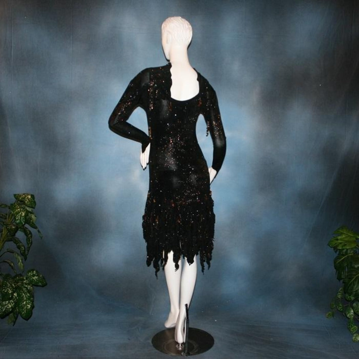 Crystal's Creations back view of Elegant black Latin/rhythm dress was created in glitter black slinky with delicate, gorgeous, yet subtle, blue & bronze print in the glitter….embellished lavishly with Swarovski hand beaded detailing through out!