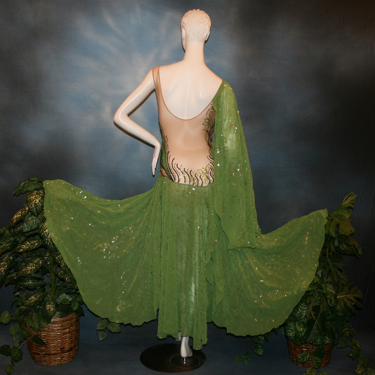 back view of Green ballroom dress is created of a gorgeous apple green ivy/flower patterned sequined chiffon overlayed on a nude illusion base, embellished with rhinestone work in shades of ivy greens.