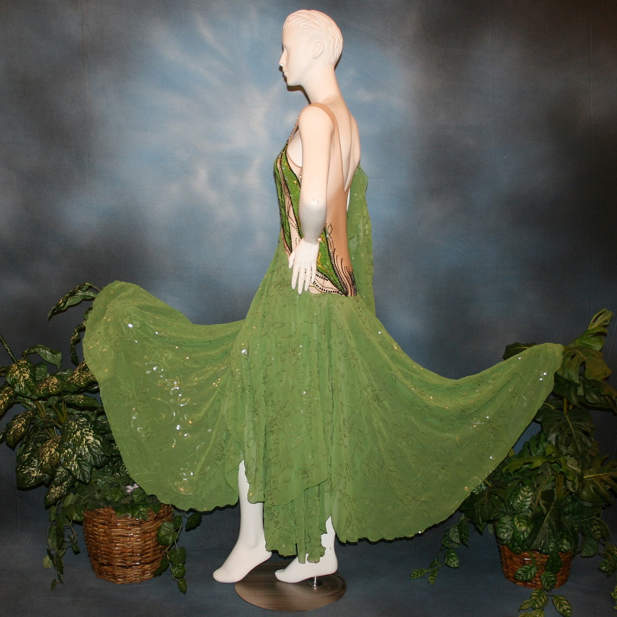 Green Ballroom Dress of Embroidered Sequin Chiffon on Nude Color Illusion Base-Ivy