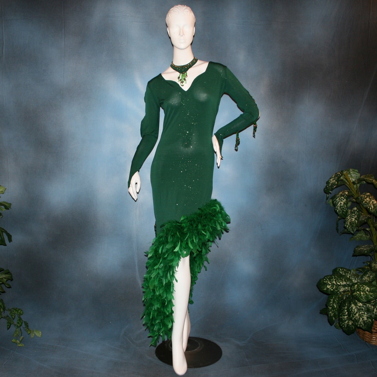 Crystal's Creations green Latin/rhythm dress created of deep emerald green glitter slinky with chandelle feathers