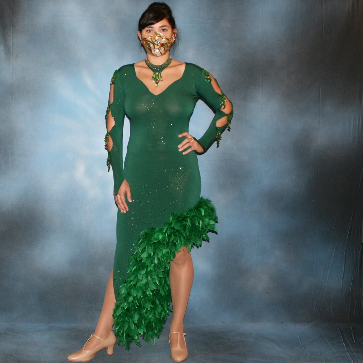 Crystal's Creations Emerald green Latin/rhythm dress was created in luxurious deep emerald glitter slinky, embellished with chandelle feathers & Swarovski hand beaded detailing, size 5/6-11/12, very stretchy