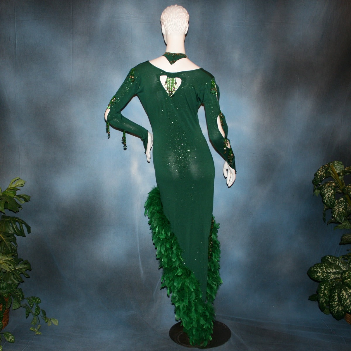 Crystal's Creations back view of Green Latin/rhythm dress was created in luxurious deep emerald glitter slinky, embellished with chandelle feathers & Swarovski hand beaded detailing. 