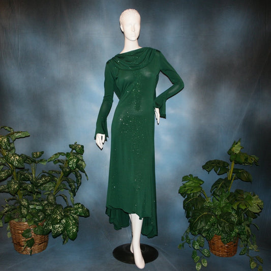 Crystal's Creations Green social ballroom dress was created in luxurious deep emerald glitter slinky, with full  & flaring skirt bottom, long flair sleeves & draping trailing down the back makes this gorgeous dress very elegant & classy!