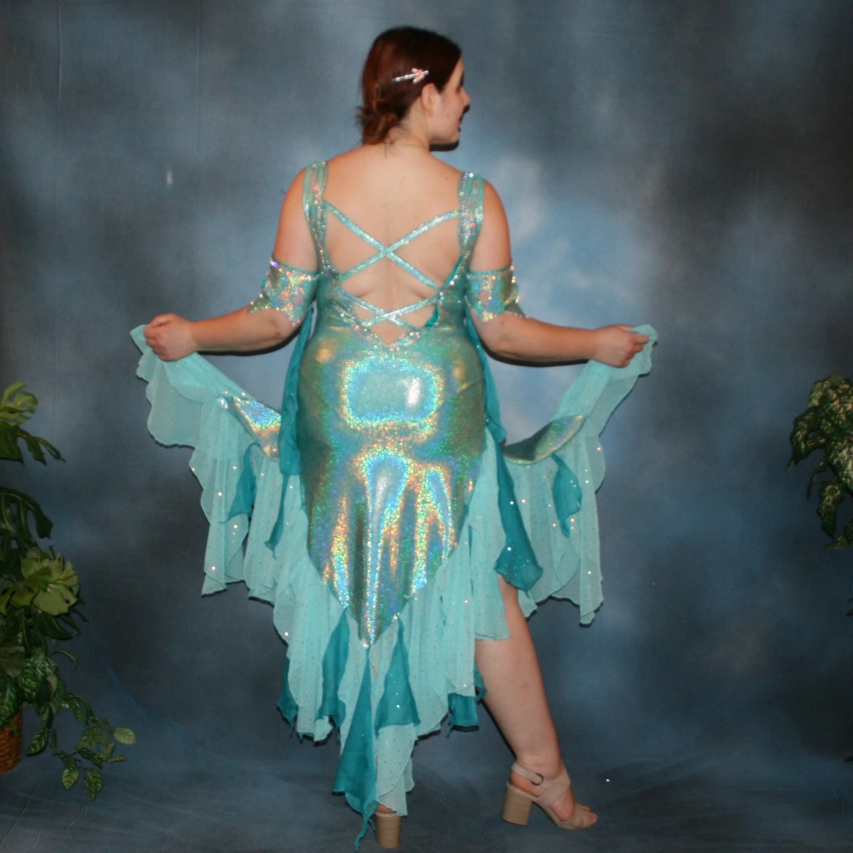 Aqua Hologram Latin - Rhythm Dress | Sequin Chiffon | Size 9/10-13/14 Aqua Hologram Latin - Rhythm Dress | Sequin Chiffon | Size 9/10-13/14