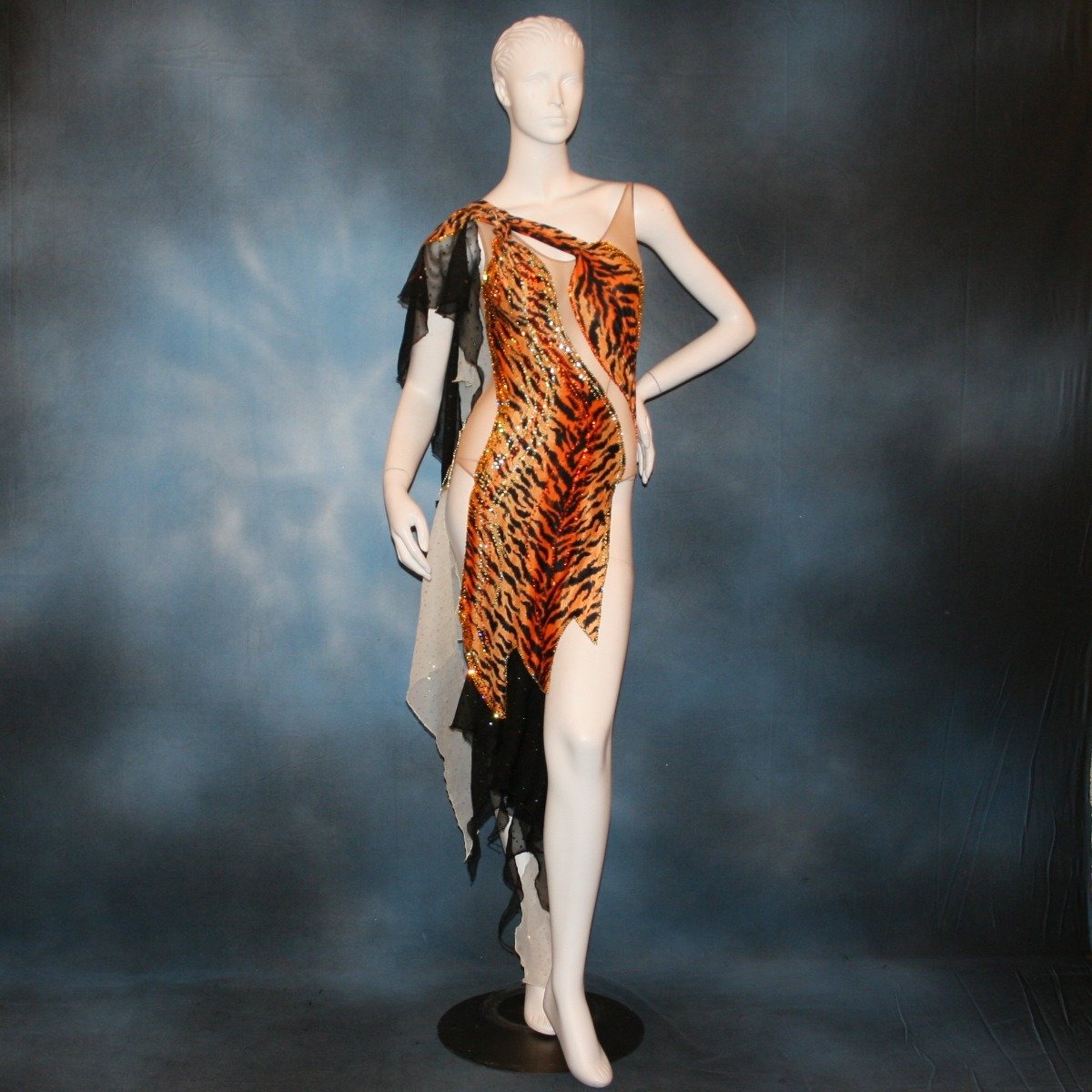 Crystal's Creations orange & black tigress print Latin/rhythm dress with pale yellow accents