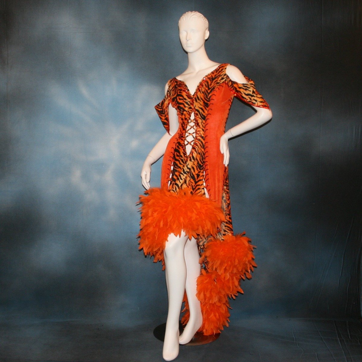 Crystal's Creations orange & black tiger print Latin/rhythm dress with chandelle feathers