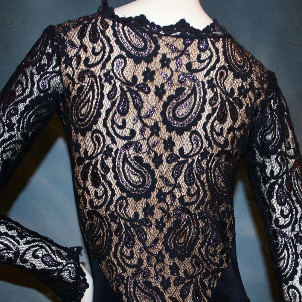 upper back view of Navy blue bodysuit & matching Latin/rhythm sarong style skirt of luxurious navy slinky & stretch navy lace with a touch of perwinkle metallic through out, makes a fabulous social Latin dress , beginner show Latin/rhythm dress or tango dress.