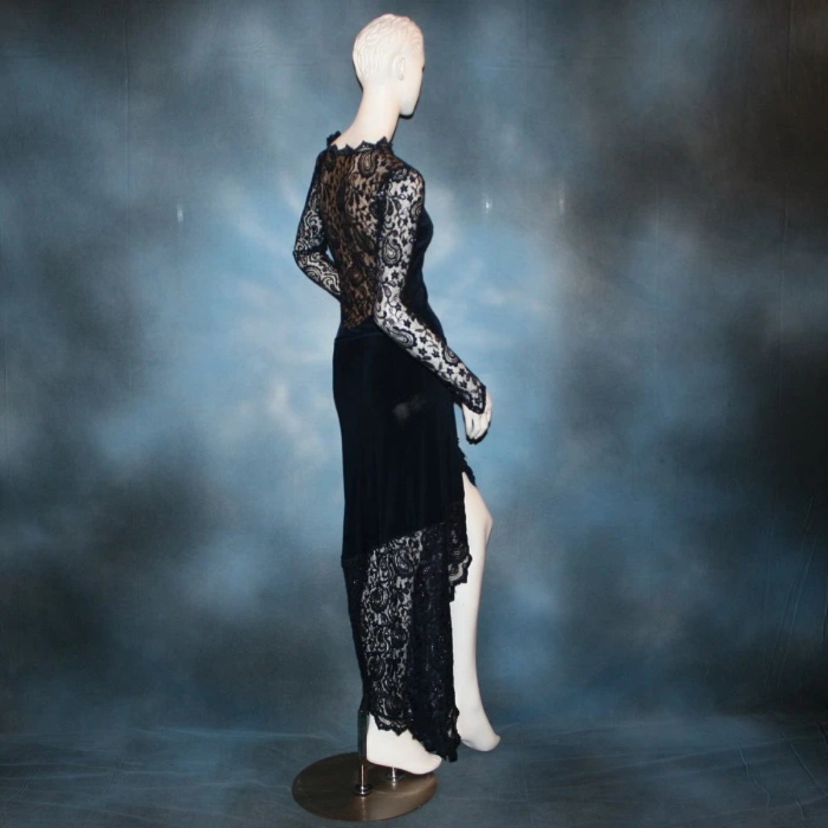 side back view of Navy blue bodysuit & matching Latin/rhythm sarong style skirt of luxurious navy slinky & stretch navy lace with a touch of perwinkle metallic through out, makes a fabulous social Latin dress , beginner show Latin/rhythm dress or tango dress.