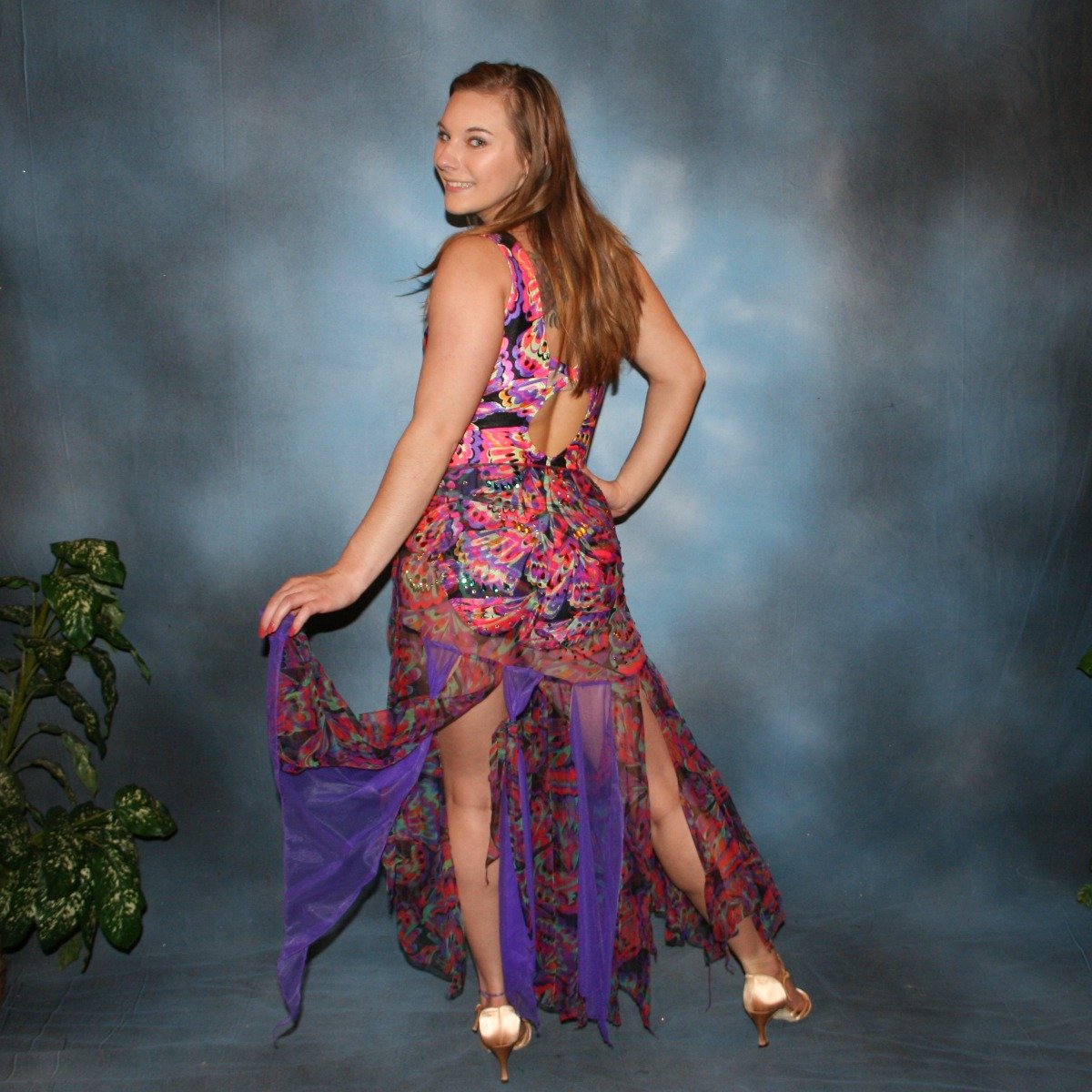 Crystal's Creations back view of a very colorful theatrical ballroom dance dress 