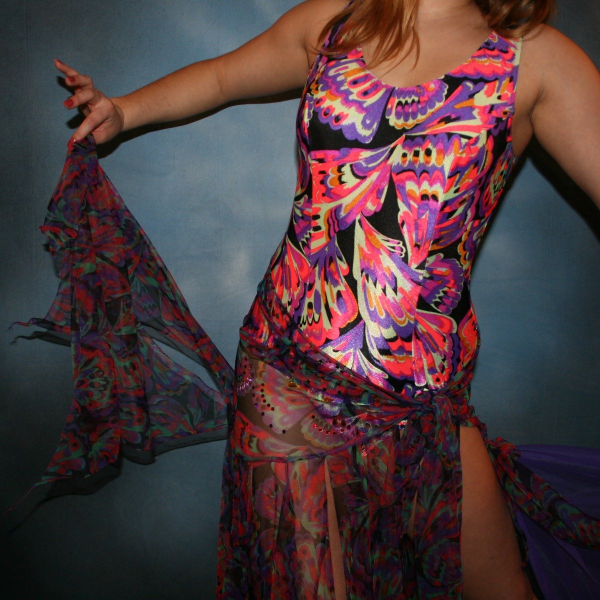 Crystal's Creations close view of a very colorful theatrical ballroom dance dress 