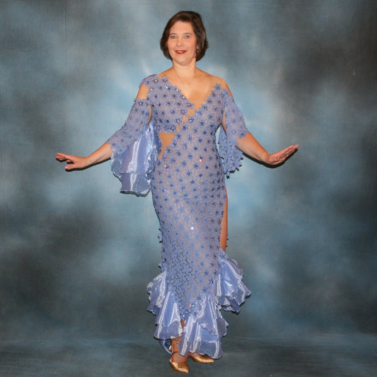 Crystal's Creations Lavender Latin/rhythm dress created in periwinkle stretch lace on nude illusion base, with hand cut details, flounces of periwinkle organza, embellished with Swarovski rhinestone work of tanzanite, CAB, & tanzanite ab.