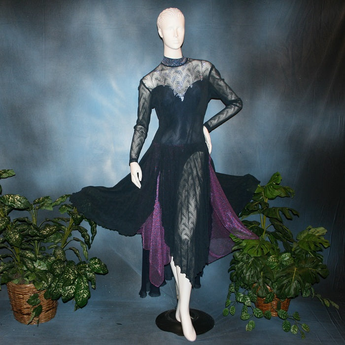 Crystal's Creations Navy blue ballroom dance dress created in yards of navy stretch lace over lycra base bodysuit with glittery metallic sheer accents in purple, light sapphire Swarovski rhinestones embellish this classic, which is great for a theatrical dance or a solo specialty dance, as well as a beautiful waltz or foxtrot dress! 