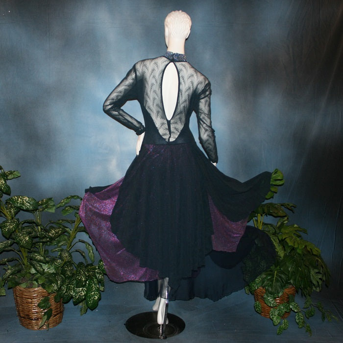Crystal's Creations back view of Navy blue ballroom dance dress created in yards of navy stretch lace over lycra base bodysuit with glittery metallic sheer accents in purple, light sapphire Swarovski rhinestones embellish this classic, which is great for a theatrical dance or a solo specialty dance, as well as a beautiful waltz or foxtrot dress! 