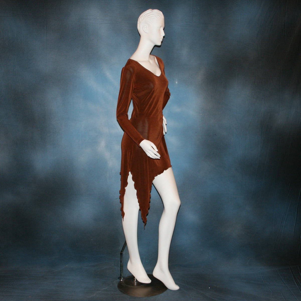 side view of cinnamon brown slinky tunic can also be a simple Latin/rhythm dress for beginner ballroom dancers