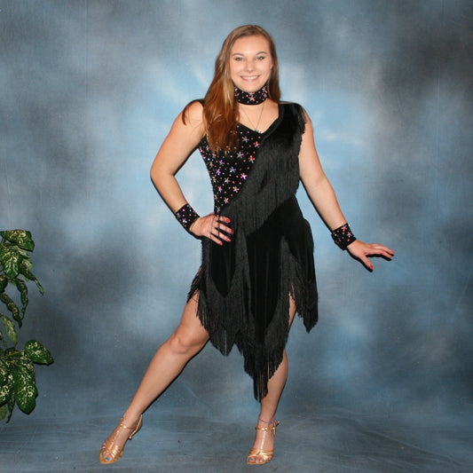 Crystal's Creations Black Latin/rhythm dress with fringe created in luxurious black solid slinky with silky black chainette fringe, wristbands, matching choker, embellished with  CAB Swarovski rhinestones, about 7 gross.