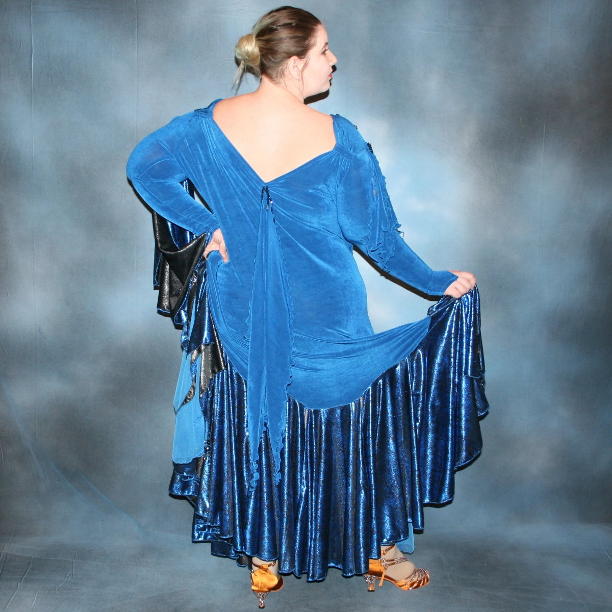 Blue Plus Size Ballroom Dress with Black Accents, Hand Beading-Mira