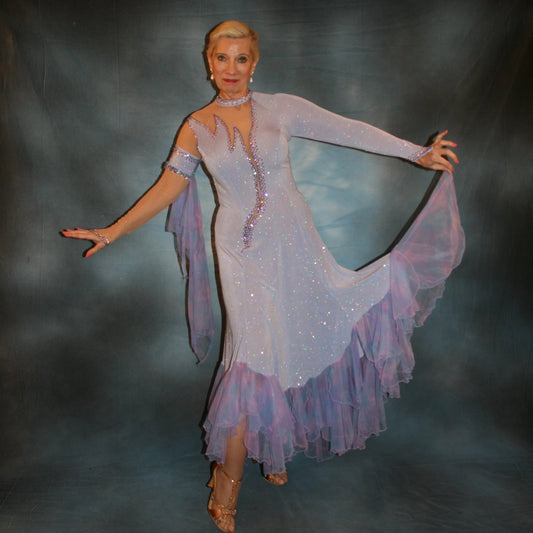 Crystal's Creations periwinkle Blue ballroom dress created in periwinkle blue luxurious glitter slinky on nude illusion base with tricot chiffon flounces in shades of perwinkle & soft pink