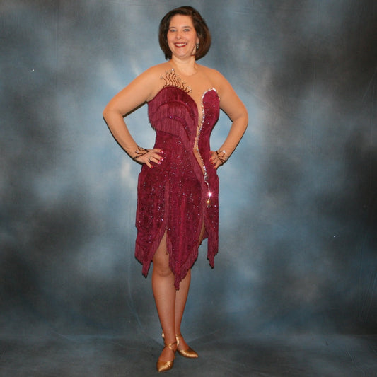 Burgundy Latin/rhythm dress created of burgundy glitter slinky with subtle reptilia print on a nude illusion base with chainette fringe, embellished with crystal & burgundy Swarovski rhinestone work on sale!