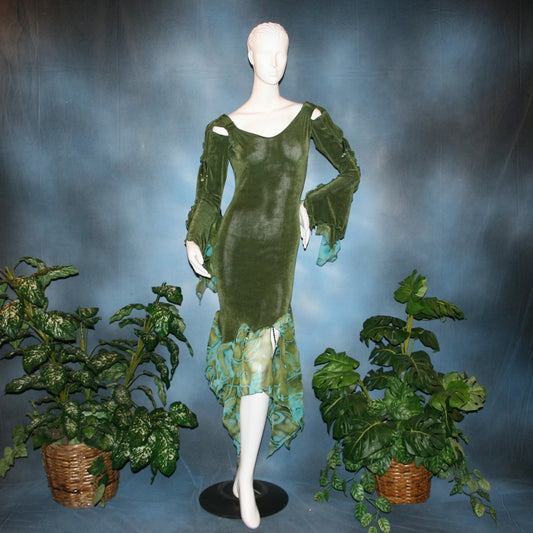 Crystal's Creations Green ballroom social/Latin/rhythm dress created in luxurious olive green solid slinky fabric with chiffon flounces of an olive green & teal print, is embellished with Swarovski hand beading. The arms have a beautiful, romantic & unique detailing! A great social dress for any ballroom dance or special occasion, as well as a great beginner ballroom dance show dress!