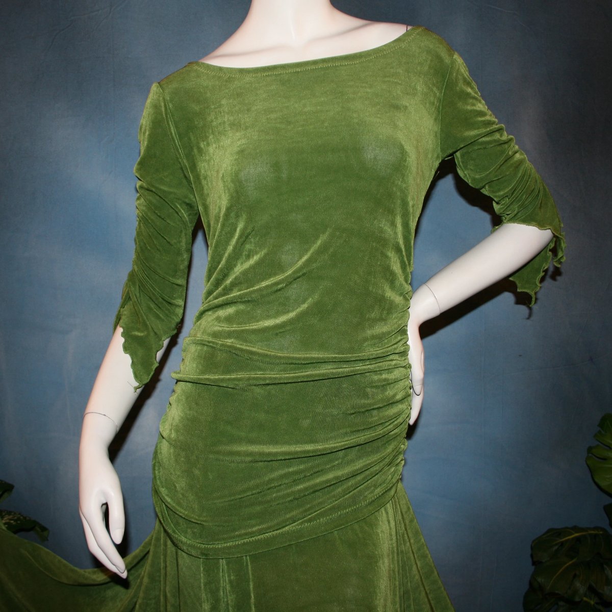 cloe upper view of Ruched top with ruched 3/4 sleeves with a slight flaired detail includes trumpet flaired ballroom dance skirt with peaks created of luxurious olive green solid slinky fabric, & can be custom created in many colors. Great for ballroom dance teachers!