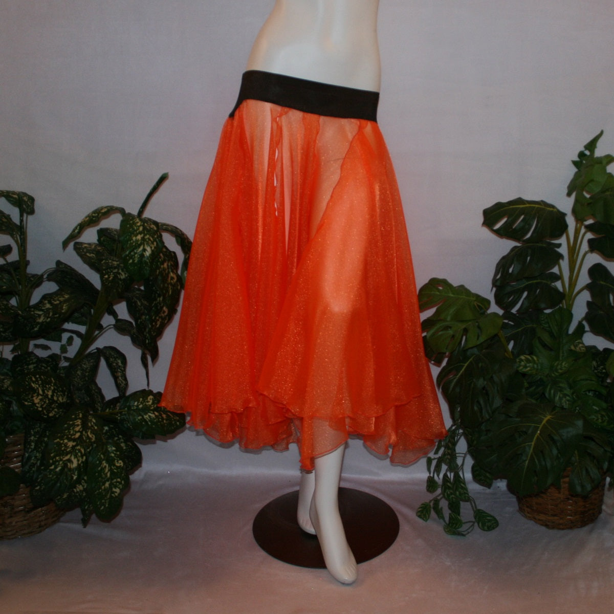 Orange ballroom skirt in yards of large petal shape panels of orange organza with a brown waistband to pair with one of our Fall Flowers dresses to create a converta ballroom dress.   The skirt can be custom made in many other colors.