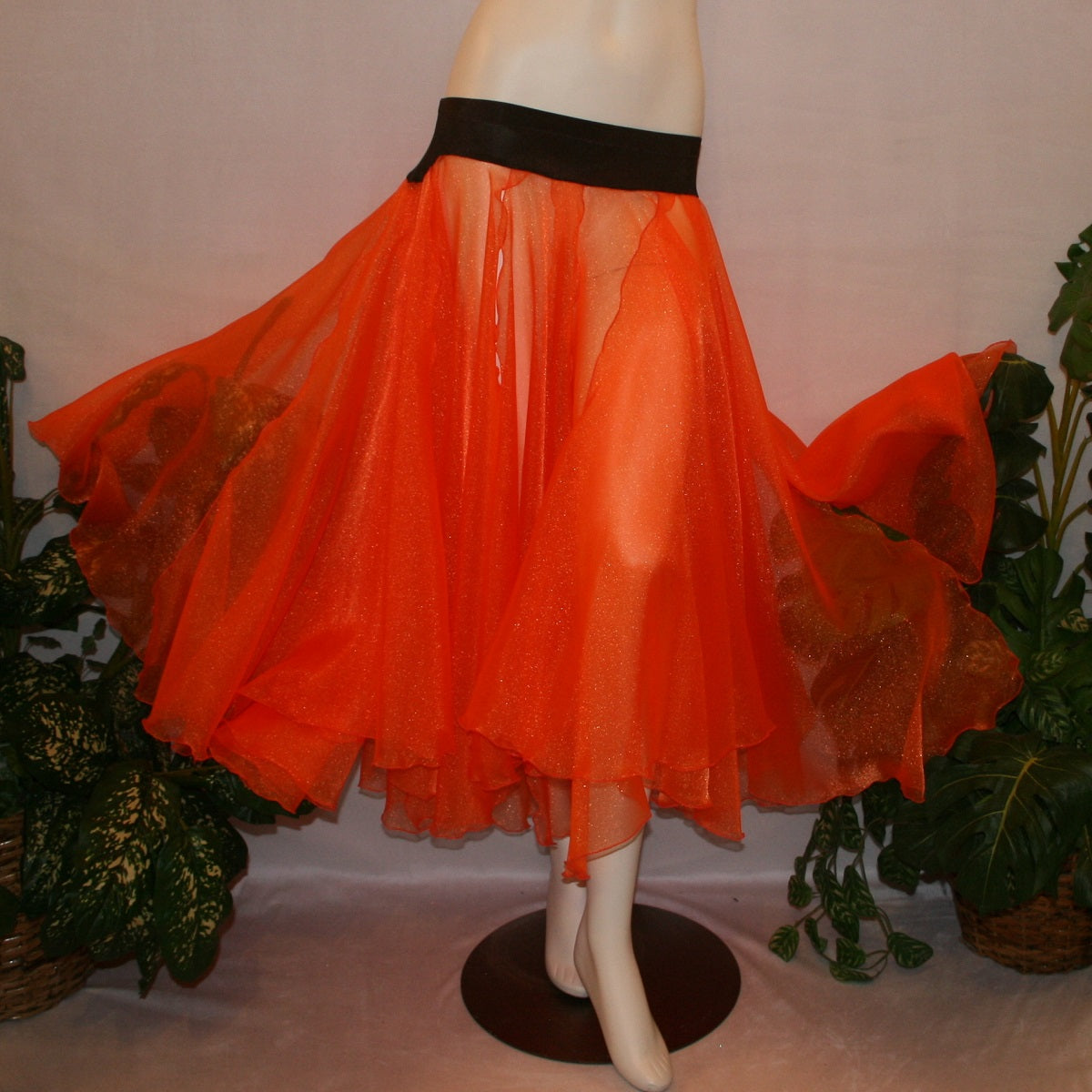 Orange ballroom skirt in yards of large petal shape panels of orange organza with a brown waistband to pair with one of our Fall Flowers dresses to create a converta ballroom dress.   The skirt can be custom made in many other colors.