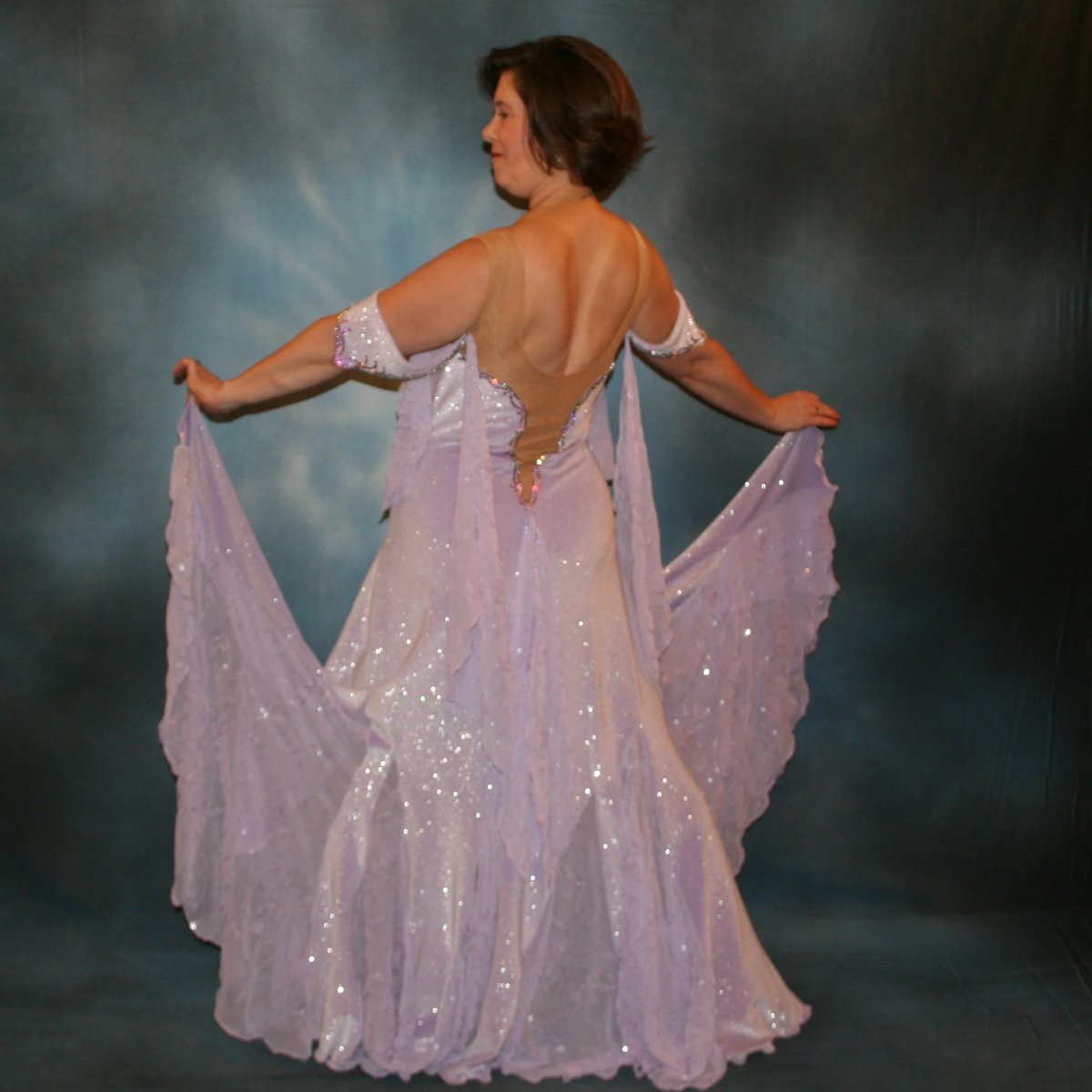 Crystal's Creations back view of Orchid ballroom dress created from luxurious glitter stretch velvet on nude illusion base with embroidered sequined chiffon insets & floats, embellished with crystal vitrail light Swarovski rhinestone work