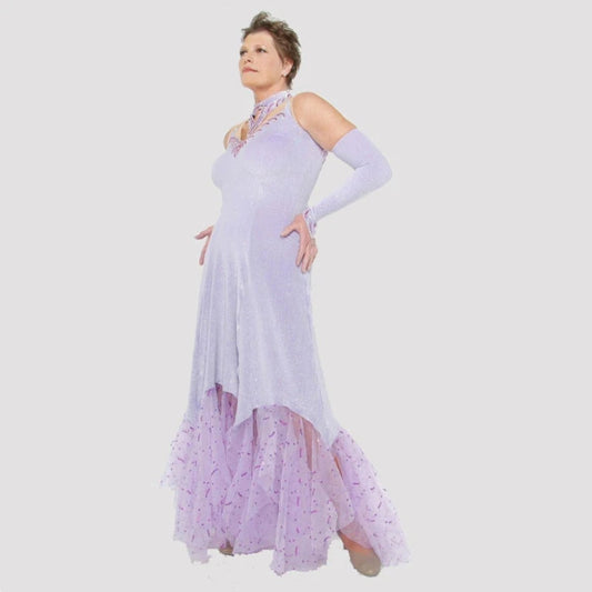 Crystal's Creations Luxurious orchid ballroom dress was created in glitter velvet on nude illusion base, flairs out to sheer organza with sequined skirting. embellished with fuschia & CAB Swarovski rhinestone work. 