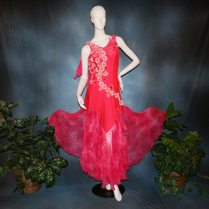 Crystal's Creations Deep pink ballroom dress created of Indian pink lycra base with yards & yards of Indian pink print chiffon large & flowing flounces, embellishing done with silk flowers, accented with Swarovski stonework in Indian pink 
