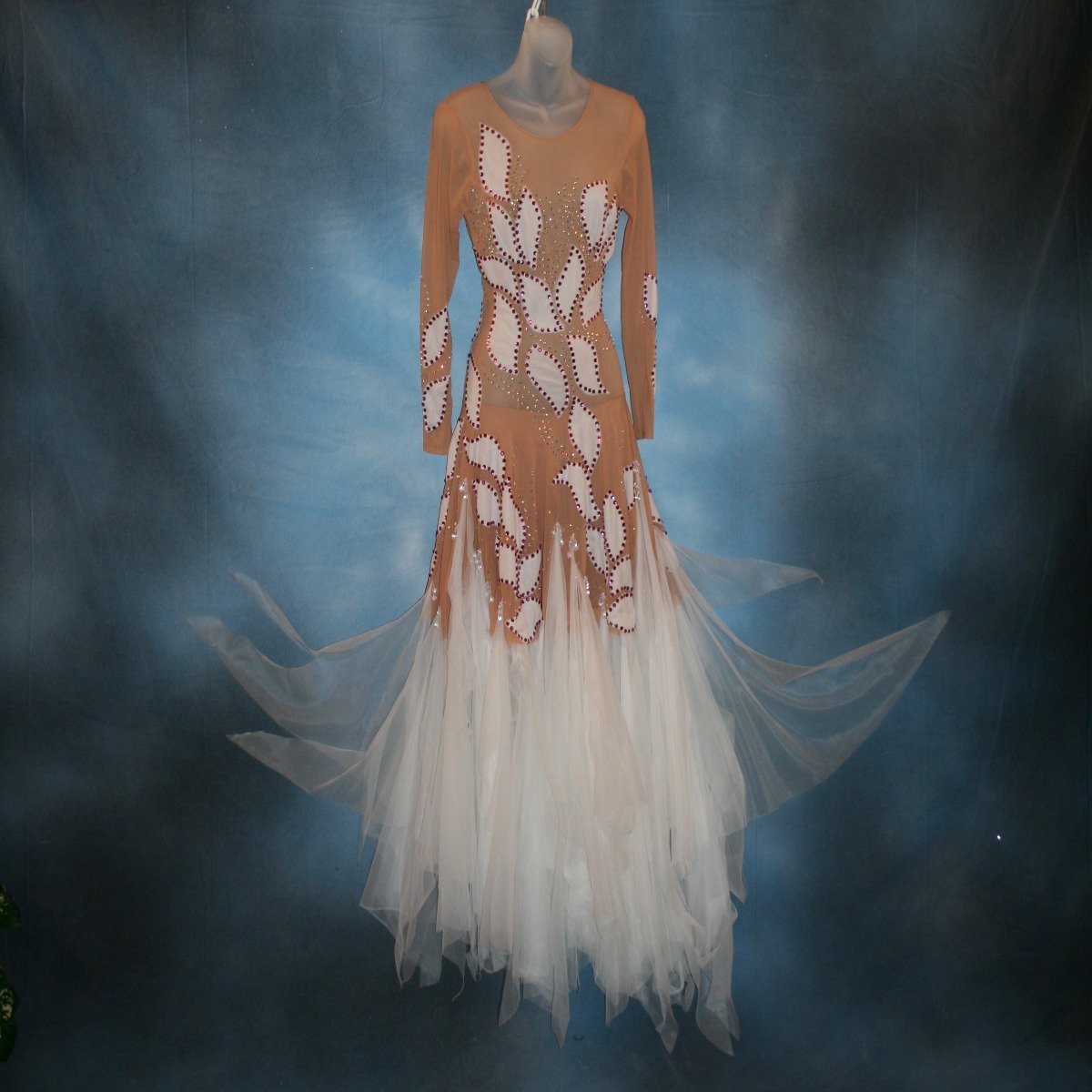 Crystal's Creations white ballroom dress created of white hand cut petals arranged on a nude illusion base with white tricot chiffon skirting, embellished with CAB & fuchsia Swarovski rhinestone work
