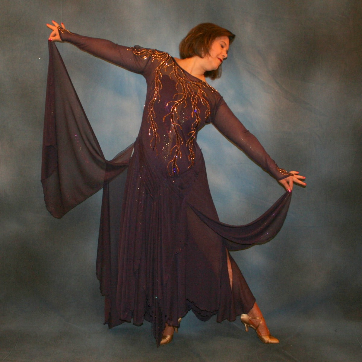 Crystal's Creations Purple ballroom dress created in gorgeous deep plum iridescent sheer mesh with draping floats, embellished with gold aurum & purple velvet Swarovski rhinestone work