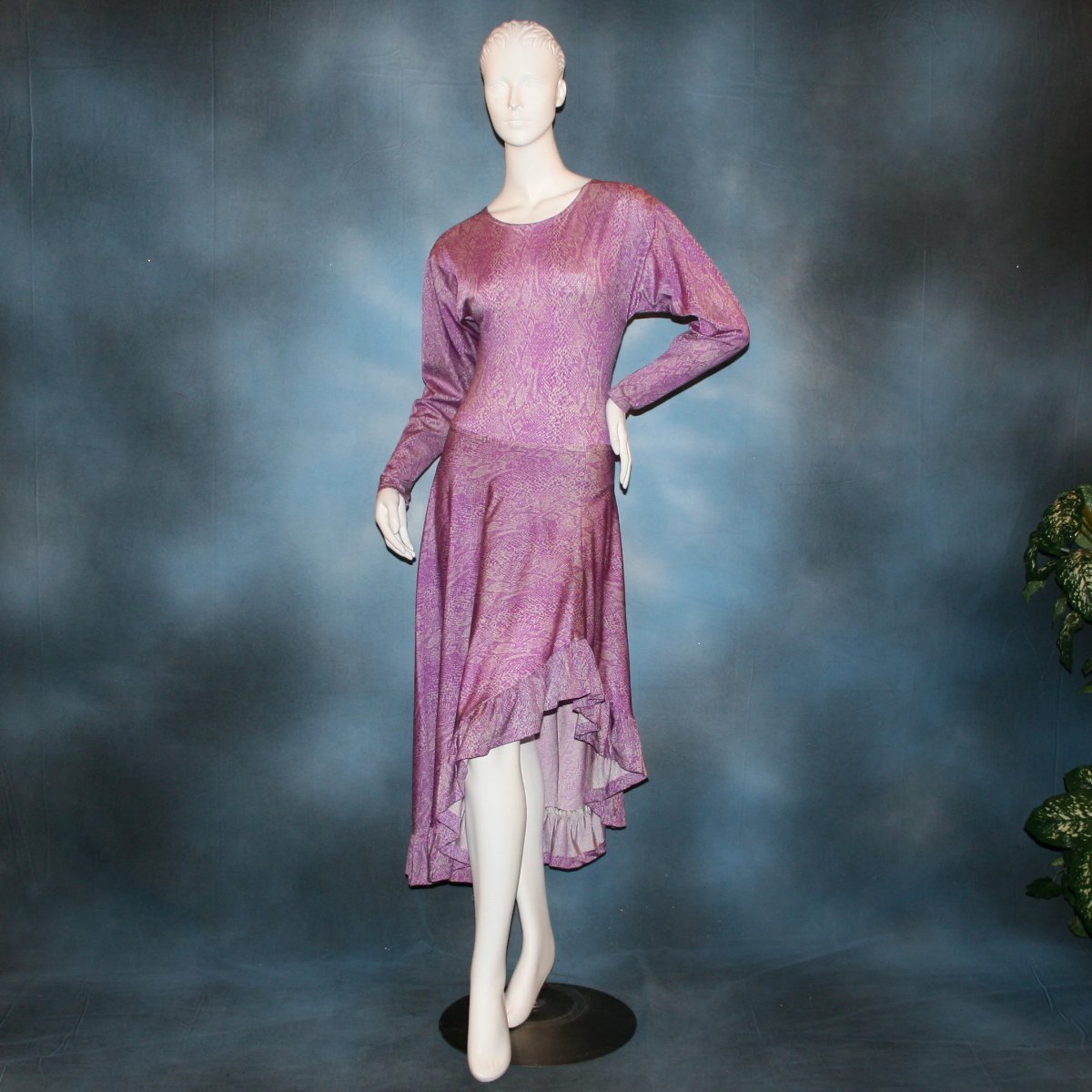 Purple bodysuit with ruffled Latin/rhythm skirt of reptilia purple print lycra, with a slight iridescent sheen, great for any ballroom dance, ballroom teachers or practice.
