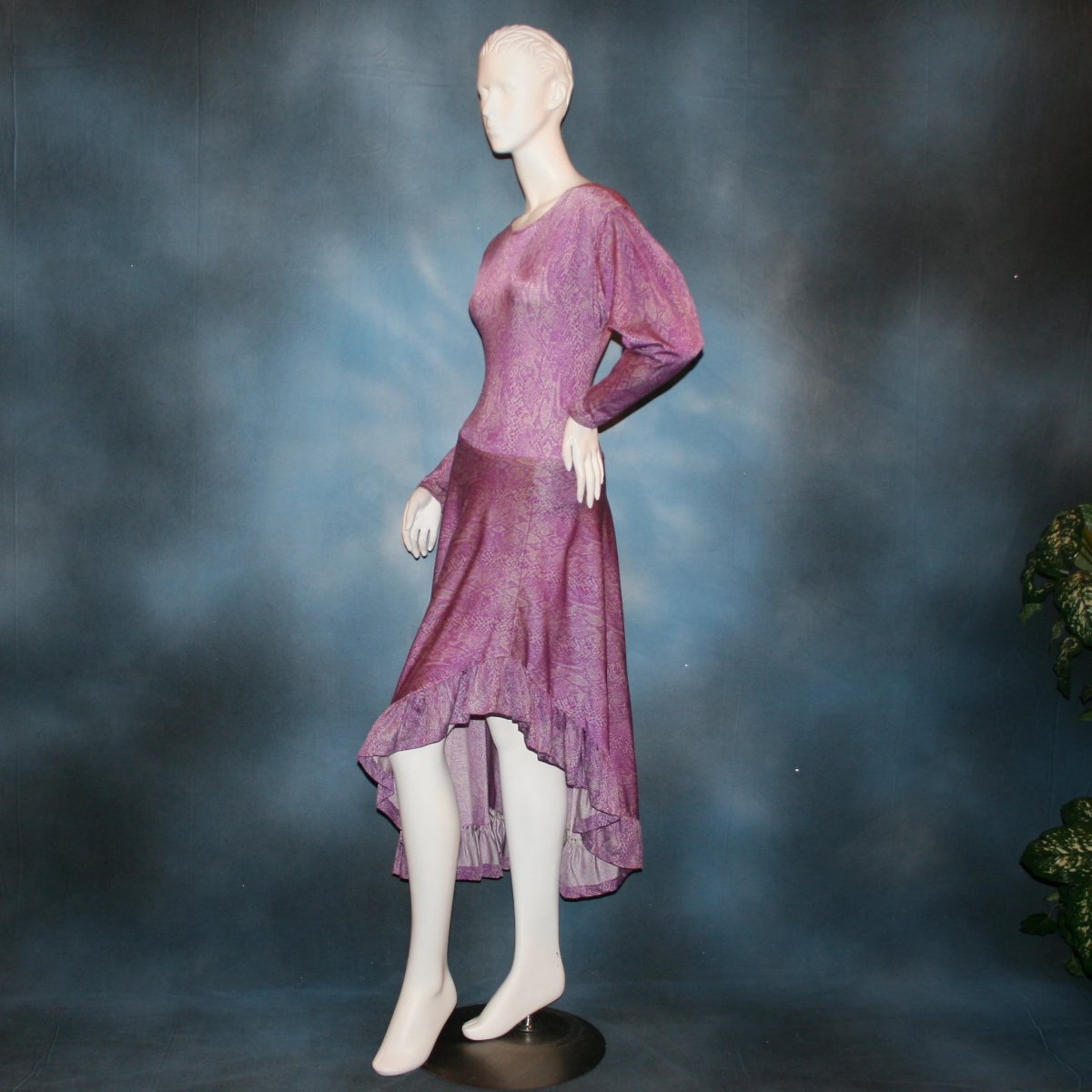 side view of Purple bodysuit with ruffled Latin/rhythm skirt of reptilia purple print lycra, with a slight iridescent sheen, great for any ballroom dance, ballroom teachers or practice.