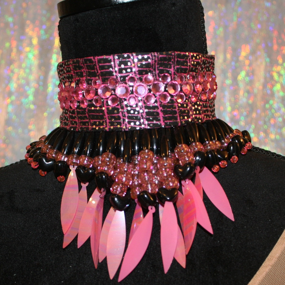 Pink & Black Latin-Rhythm Dress with Black Feathers & Hand Beading on Sale-Pink Reptilia