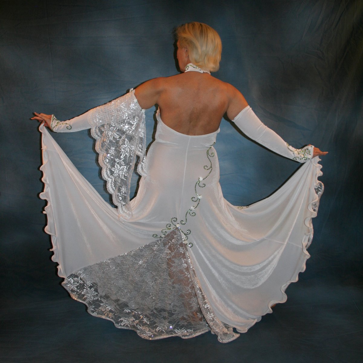 Crystal's Creations back view of white ballroom dress created of luxurious white stretch velvet with sequined lace insets & accents