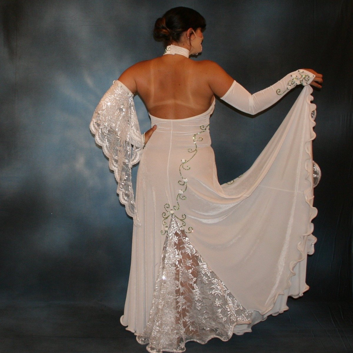 Crystal's Creations back view of white ballroom dress created of luxurious white stretch velvet with sequined lace insets & accents