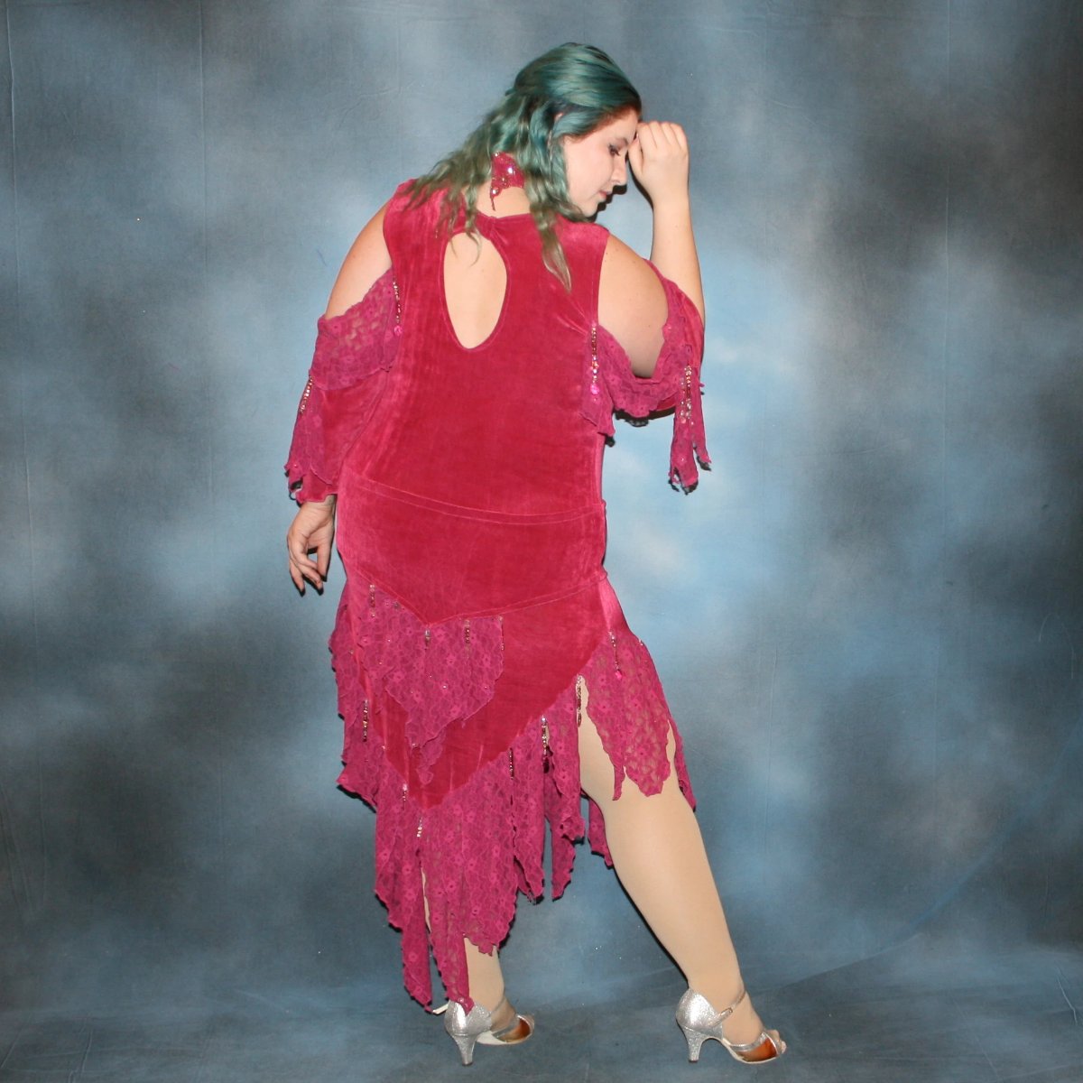 Raspberry Color Plus Size Latin-Rhythm Dress with Hand Beading-Rosy