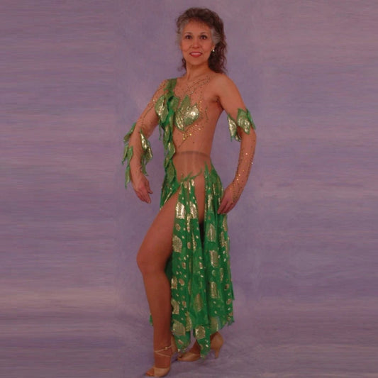 Green Latin/rhythm dance dress was created on nude illusion base with green & gold metallic print chiffon… leaves hand cut & edged to embellish bodice, Swarovski rhinestones are trickled throughout in Vitrail medium(shines different shades of green & gold)