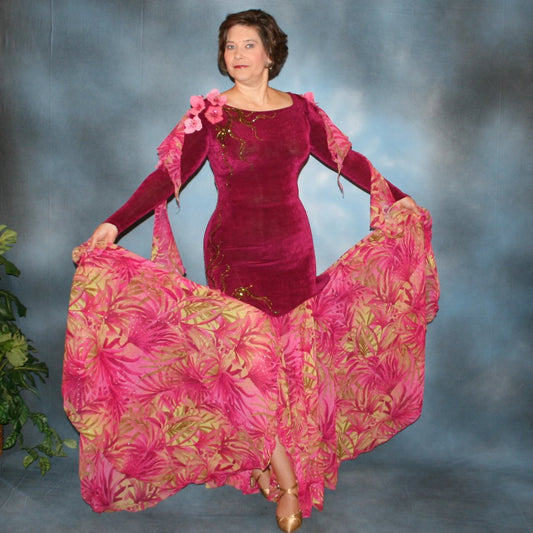 Crystal's Creations Cranberry ballroom dress was created in luxurious cranberry solid slinky with yards of exotic print of cranberries, pinks & touch of greens. Embellishments of Swarovski adorned silk flowers plus detailed Swarovski rhinestone work