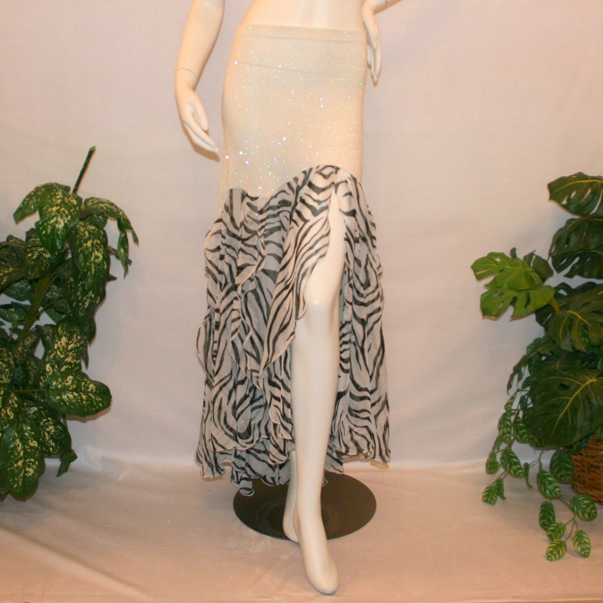 Ballroom style skirt created of white glitter slinky with yards of zebra print flowing panels will work great to create a converta ballroom dress