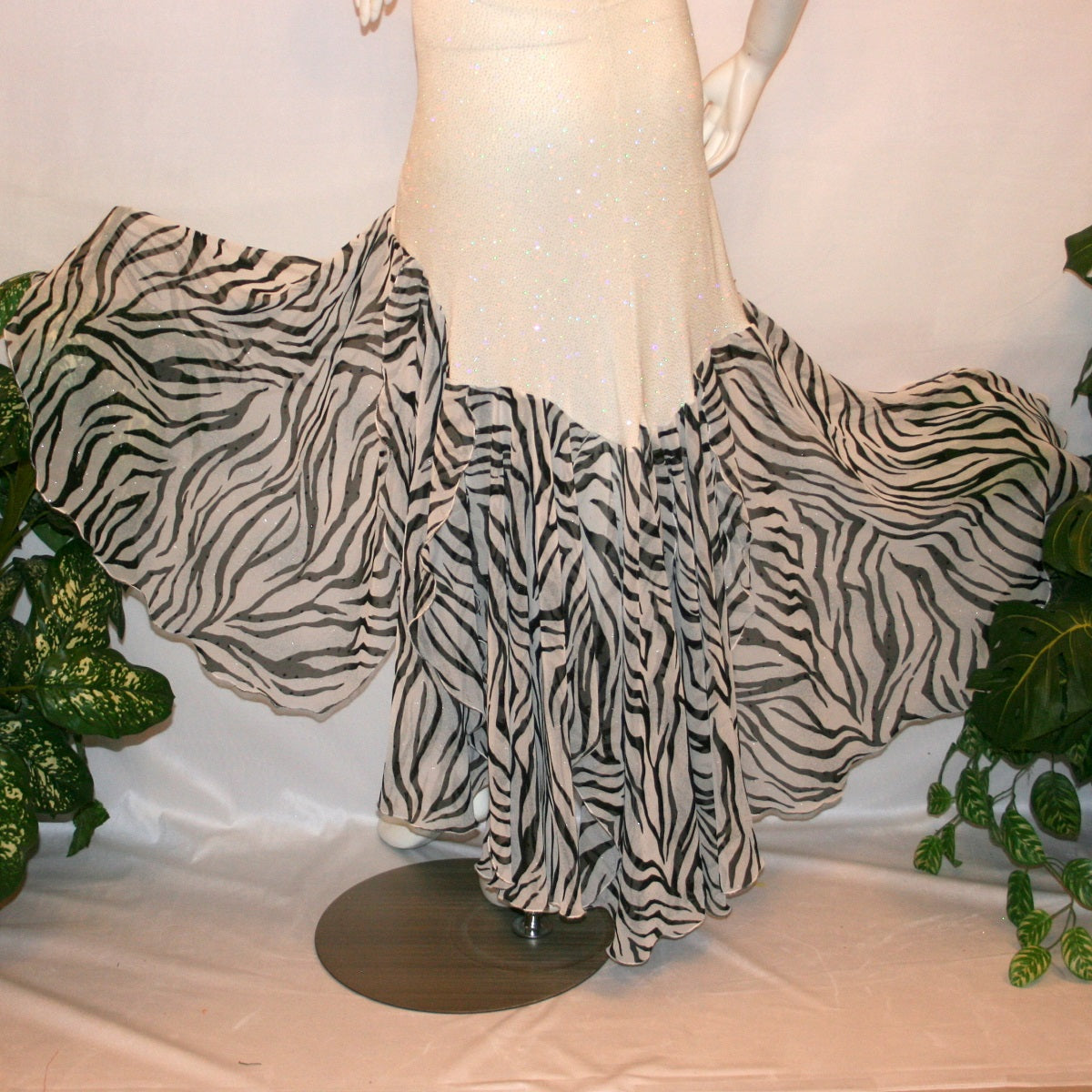 back flaired view of Ballroom style skirt created of white glitter slinky with yards of zebra print flowing panels will work great to create a converta ballroom dress