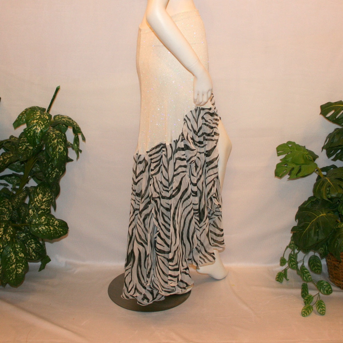 side view of Ballroom style skirt created of white glitter slinky with yards of zebra print flowing panels will work great to create a converta ballroom dress