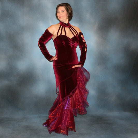 Crystal's Creations Burgundy tango dress created in luxurious burgundy stretch velvet, with flounces of iridescent burgundy organza, adorned with fuchsia Swarovski rhinestones, hip sash has Swarovski hand beading as well, just recently embellished more.