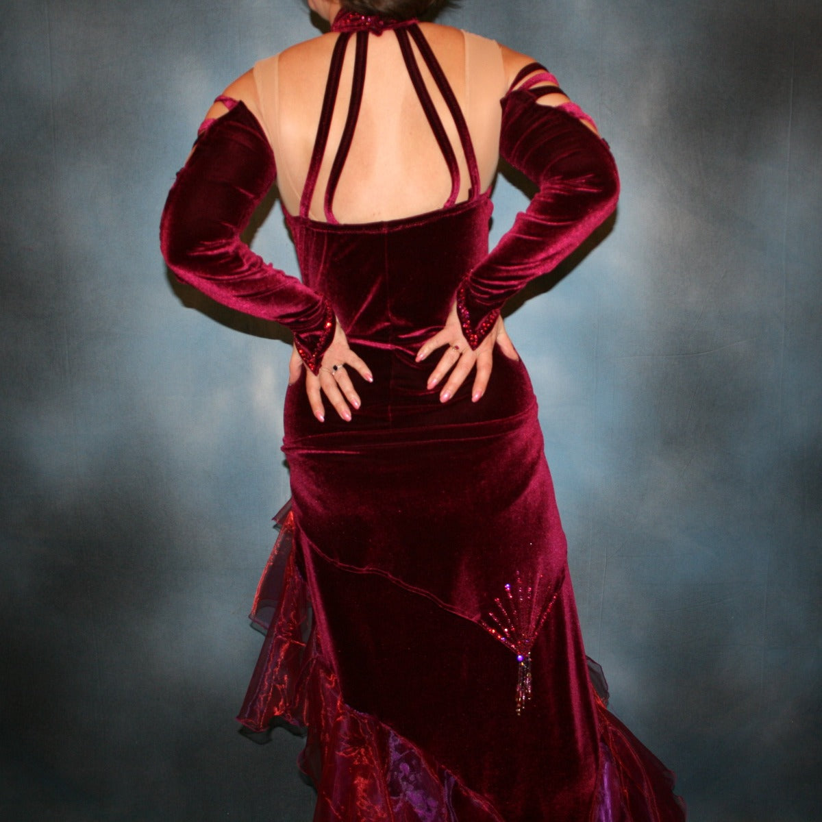 Crystal's Creations back view of Burgundy tango dress created in luxurious burgundy stretch velvet, with flounces of iridescent burgundy organza, adorned with fuchsia Swarovski rhinestones, hip sash has Swarovski hand beading as well, just recently embellished more.