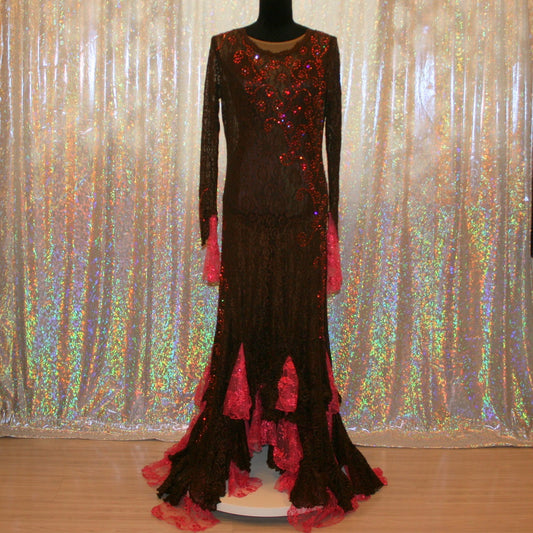 Brown lace tango dress, paso dress, fabulous bolero dress or rumba dress created in luxurious chocolate brown stretch lace with accent flounces of a deep pink glitter lace, embellished with Swarovski rhinestone detail work in Indian pink, mocha, & fuchsia.