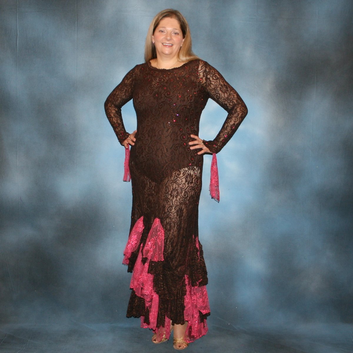 Crystal's Creations Brown lace tango dress, fabulous bolero dress or rumba dress created in luxurious chocolate brown stretch lace with accent flounces of a deep pink glitter lace, embellished with Swarovski rhinestone detail work in copper & fuschia. 