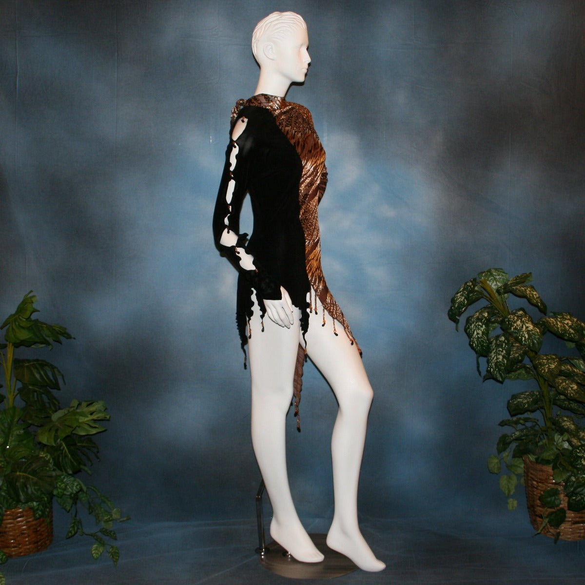 Crystal's Creations right side view of Slinky Latin/rhythm dress or tunic top created of luxurious black slinky & Serengeti print burnout velvet is embellished with Swarovski hand beading, is fabulous as a Latin/rhythm dress if you love to show your legs...or...you can team it as a tunic top with skirts or pants! 