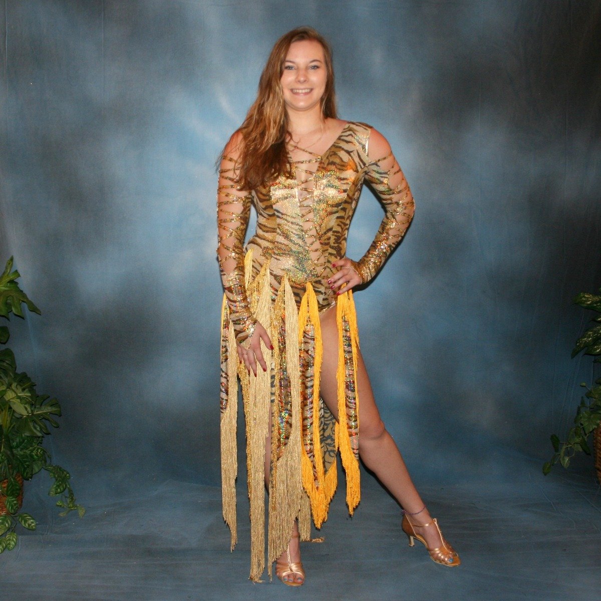 Crystal's Creations gold hologram tiger print Latin/rhythm dress with fringe size 5/6-9/10